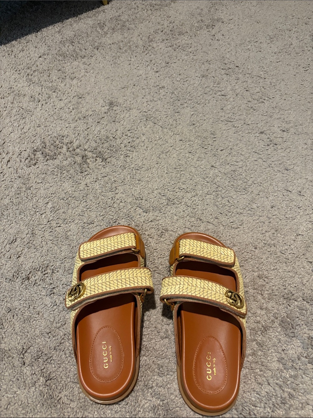Gucci Brown Leather Slide Sandals with Beige Braided Straps